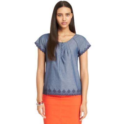 EMBROIDERED CHAMBRAY TOP $49.99