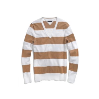 RUGBY STRIPE V-NECK SWEATER $38.00