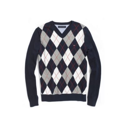 COTTON JERSEY ARGYLE VNECK SWEATER $42.00