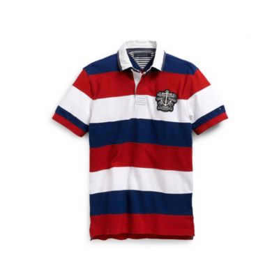 BLOCK STRIPE POLO WITH PATCH $58.00