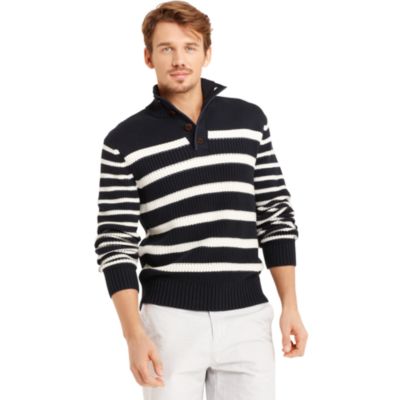 BUTTON MOCK STRIPE SWEATER 