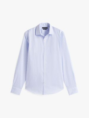 blue dress shirt with white stripes Men's Slim Fit Blue & White Striped Non-Iron Dress Shirt Size N2 main image 1