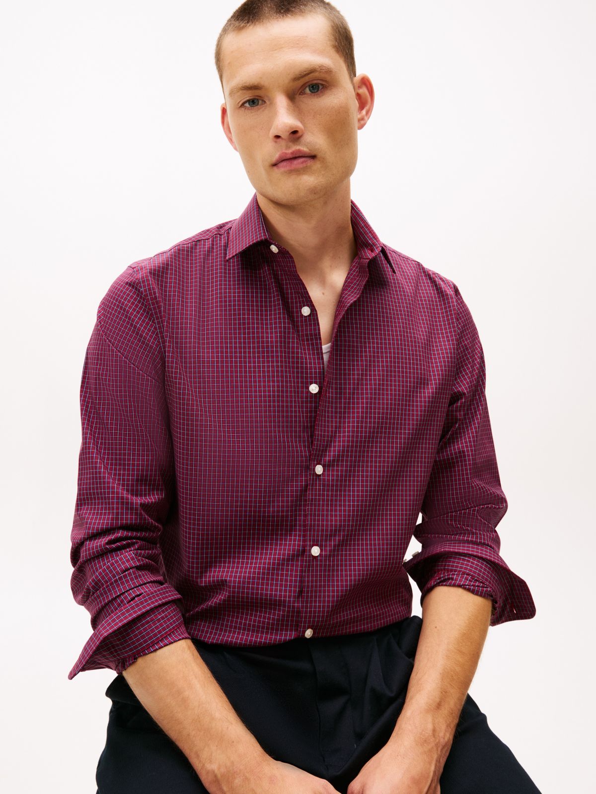 Slim Fit THFlex Check Dress Shirt — Burgundy Multi