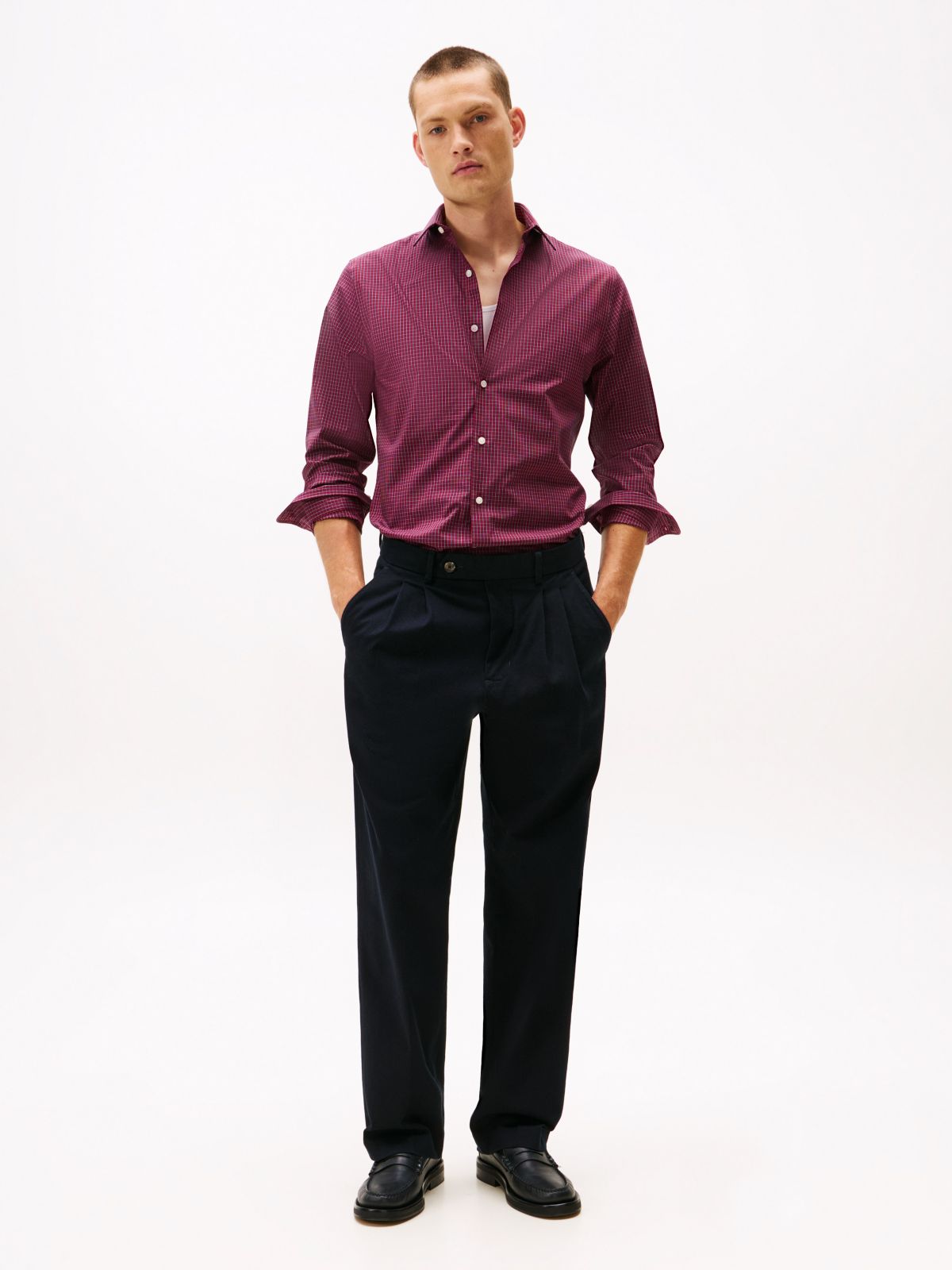 Slim Fit THFlex Check Dress Shirt — Burgundy Multi