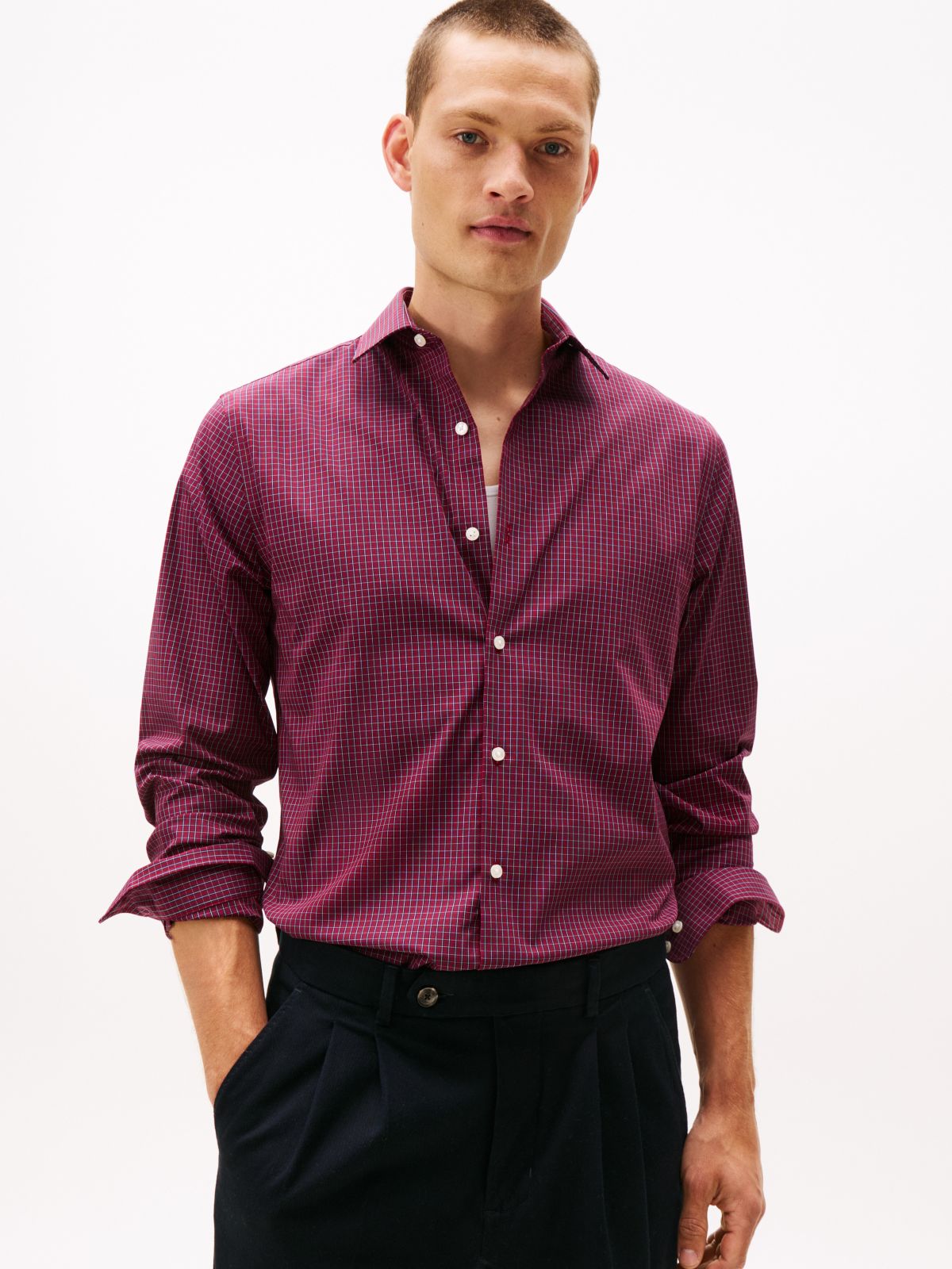 Slim Fit THFlex Check Dress Shirt — Burgundy Multi