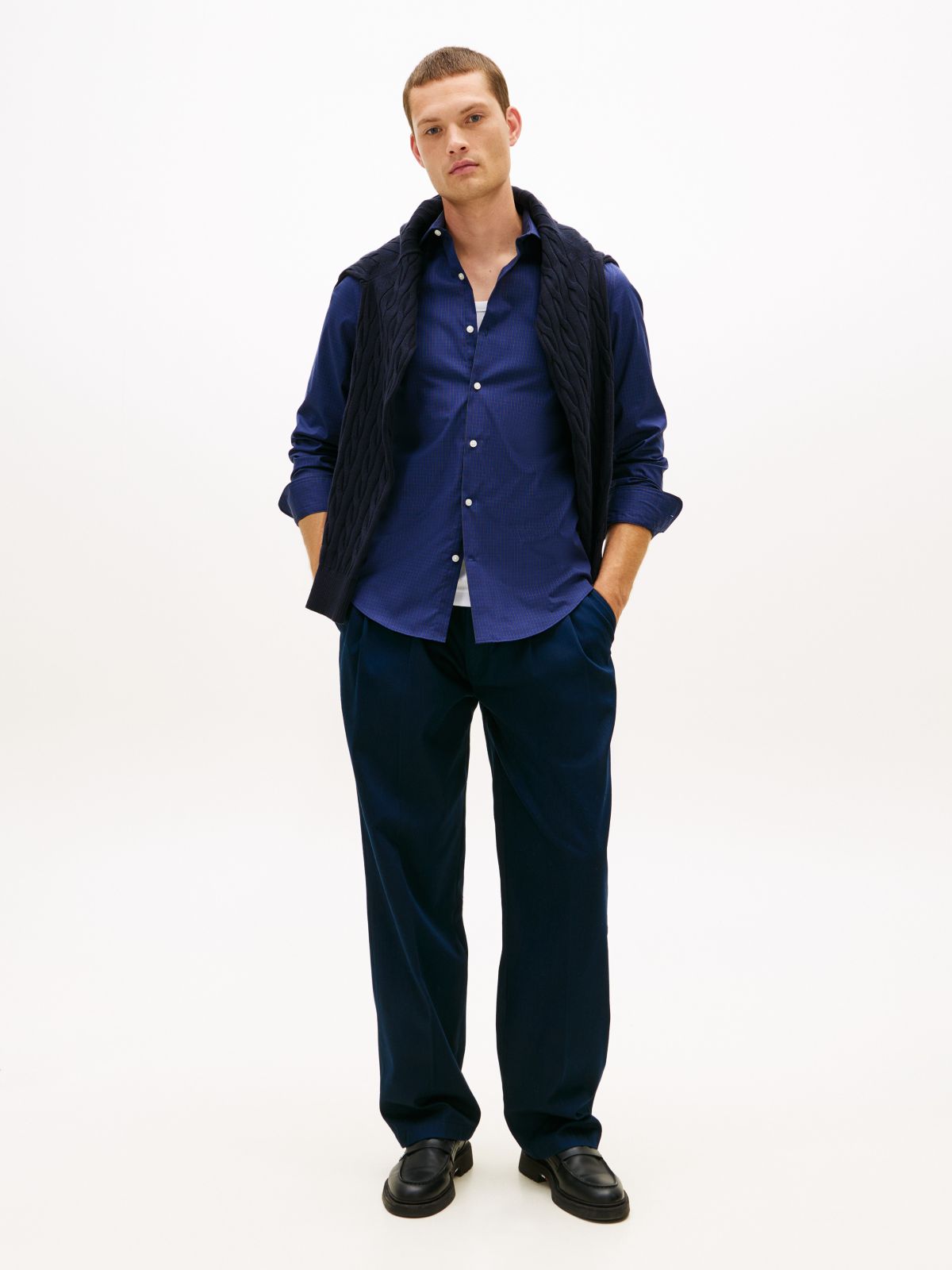 Slim Fit THFlex Mini Check Dress Shirt — Navy