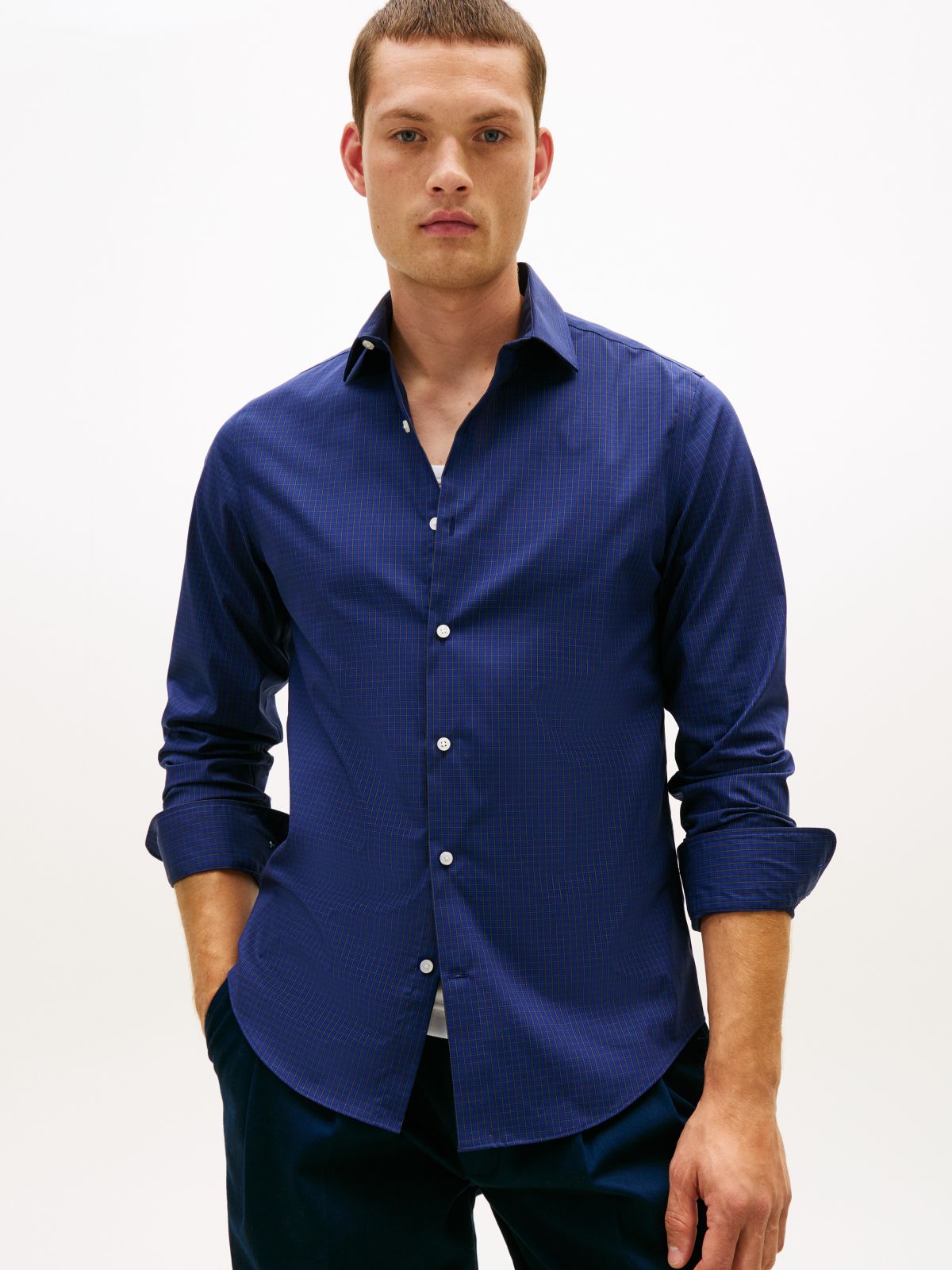 Slim Fit THFlex Mini Check Dress Shirt — Navy