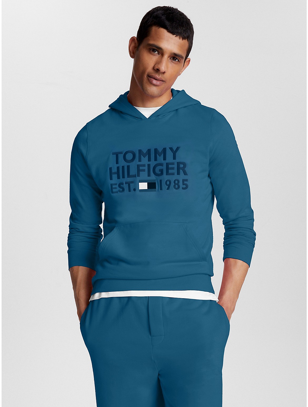 Tommy Hilfiger Tonal Logo Lounge Hoodie In Blue Mist