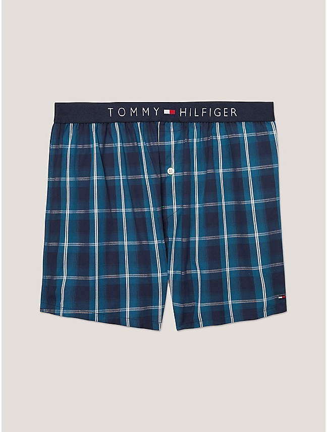 Tommy Hilfiger Men's Underwear 3 Pack Cotton Classics Woven Boxers, Red  Plaid Logo Print/Blue Plaid, Large 