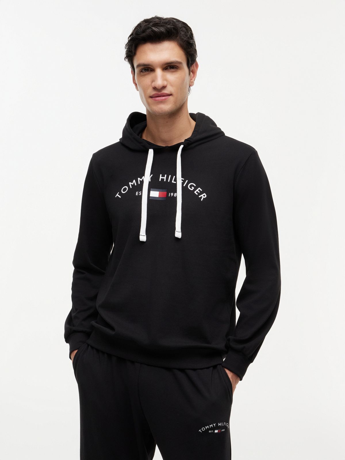 Hilfiger Logo Pique Sleep Hoodie — Black