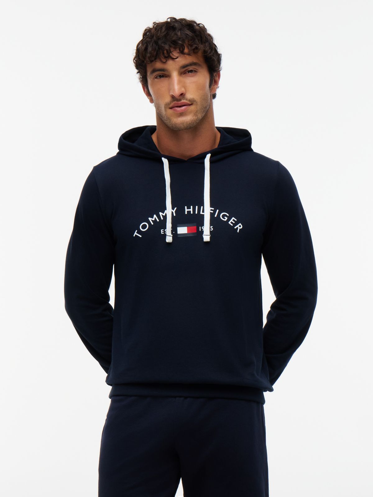 Hilfiger Logo Pique Sleep Hoodie — Navy