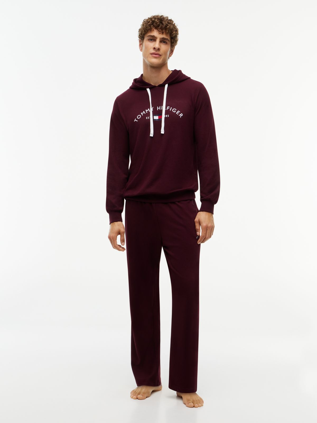 Hilfiger Logo Pique Sleep Hoodie — Burgundy