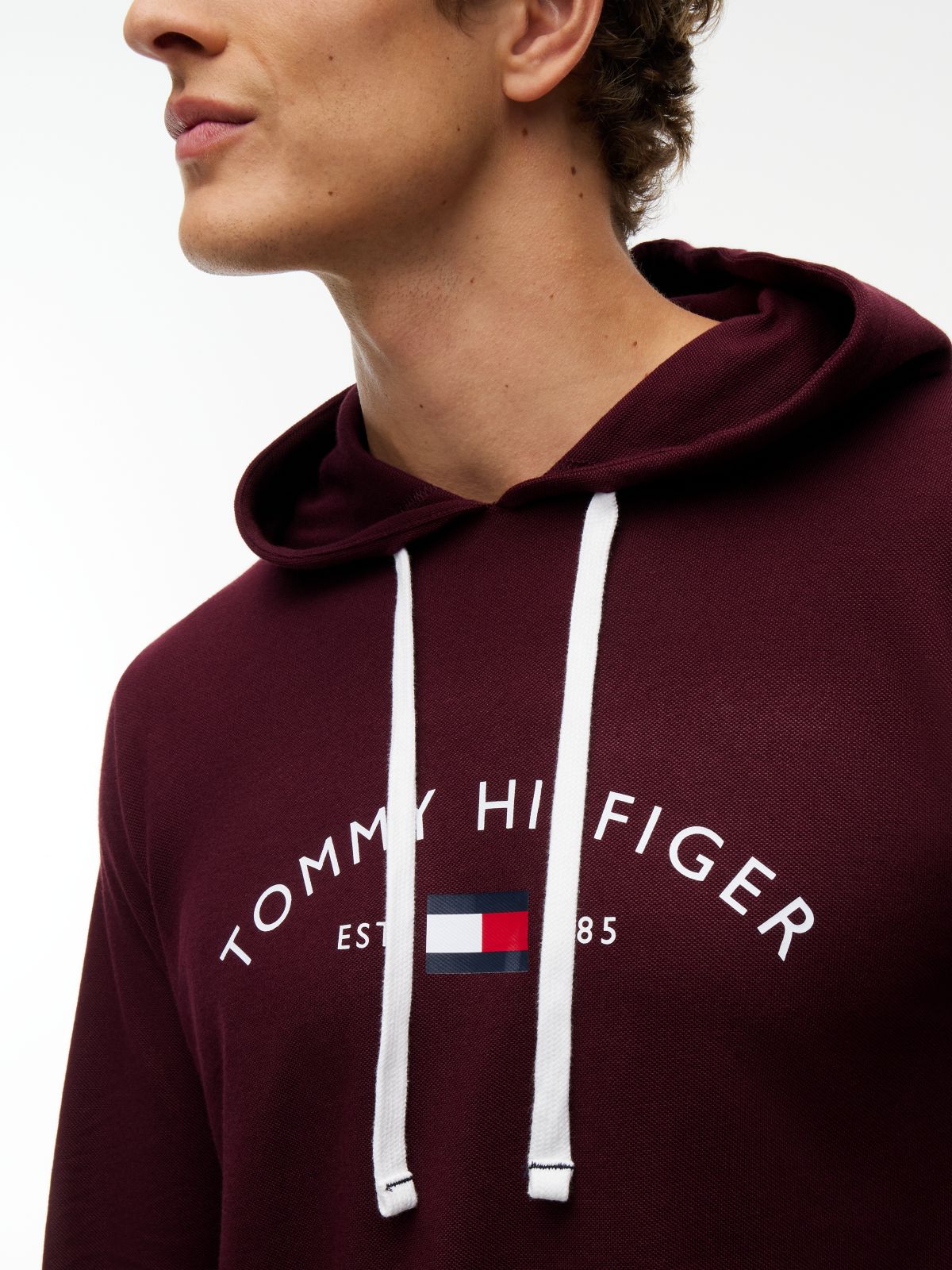 Hilfiger Logo Pique Sleep Hoodie — Burgundy