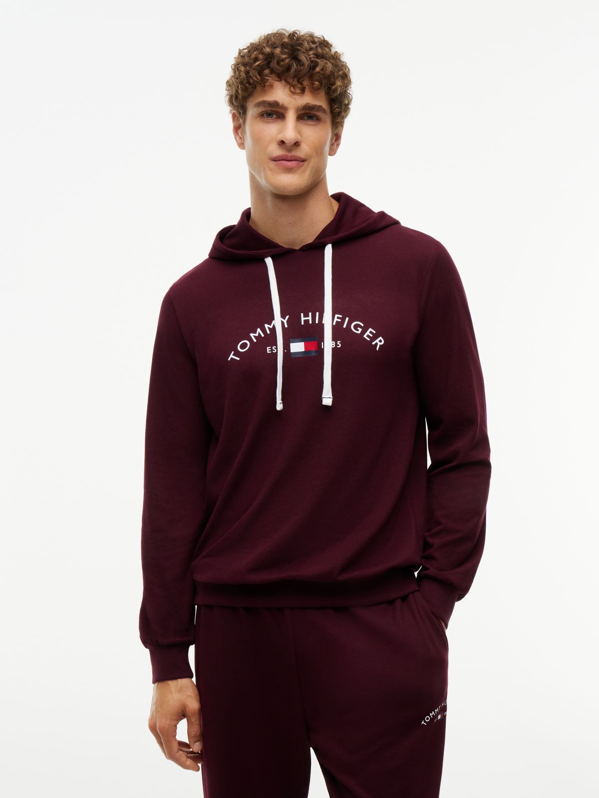 Hilfiger Logo Pique Sleep Hoodie — Burgundy
