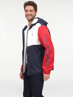 tommy hilfiger men's colorblocked logo rain slicker