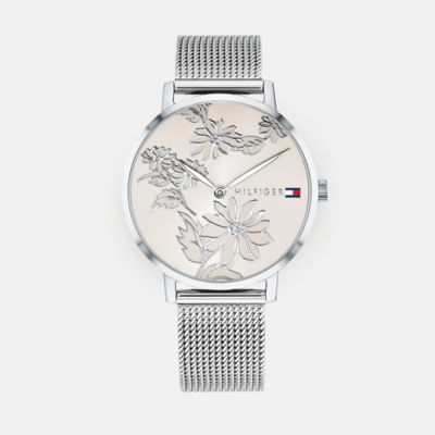 Silver Floral Watch With Mesh Band 