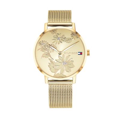 Gold Floral Watch With Mesh Band 