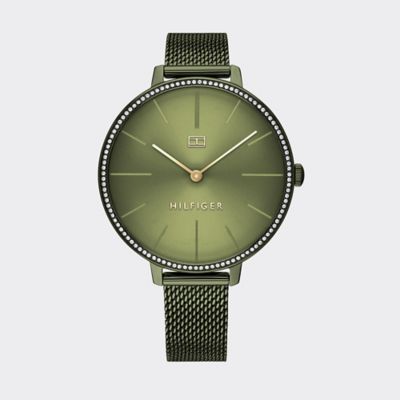 Green Mesh Dress Watch With Pave 