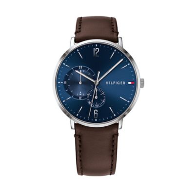 tommy hilfiger men's blue dial brown leather strap watch