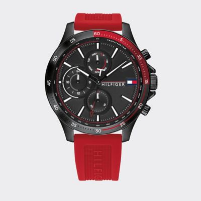 tommy hilfiger multi dial red leather strap watch