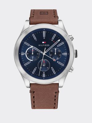 tommy hilfiger men's blue dial brown leather strap watch