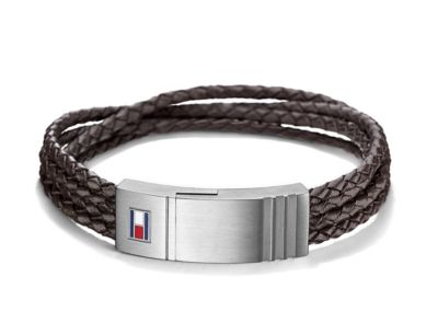 tommy hilfiger mens black leather bracelet