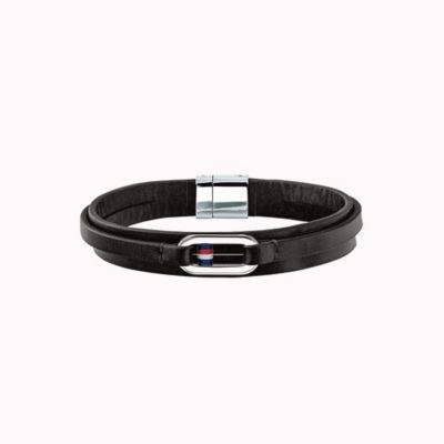 tommy hilfiger mens black leather bracelet