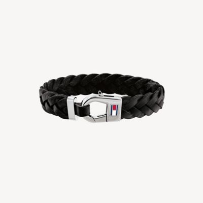 tommy hilfiger mens black leather bracelet