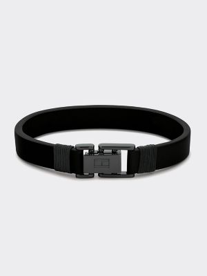 tommy hilfiger mens black leather bracelet