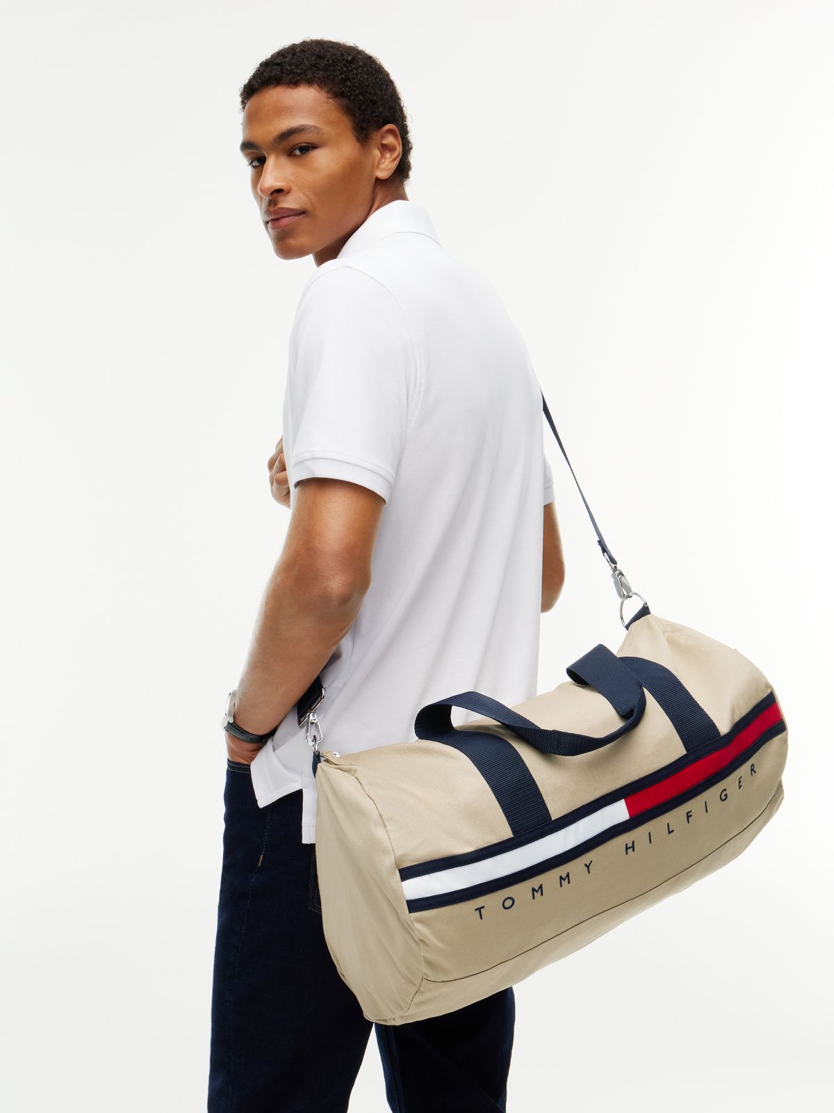 Flag Stripe Logo Duffel Bag — Khaki Sand