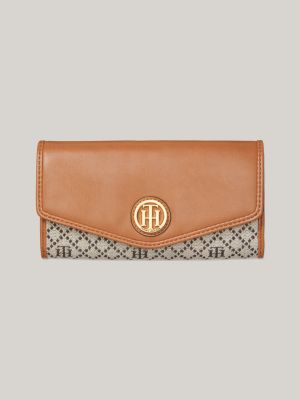 Gold-Tone Monogram Flap Wallet, Tan Dark Chocolate