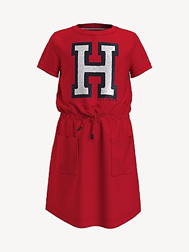 타미 힐피거 Tommy Hilfiger Kids Flip Sequin Logo Dress,Blush LUSH RED