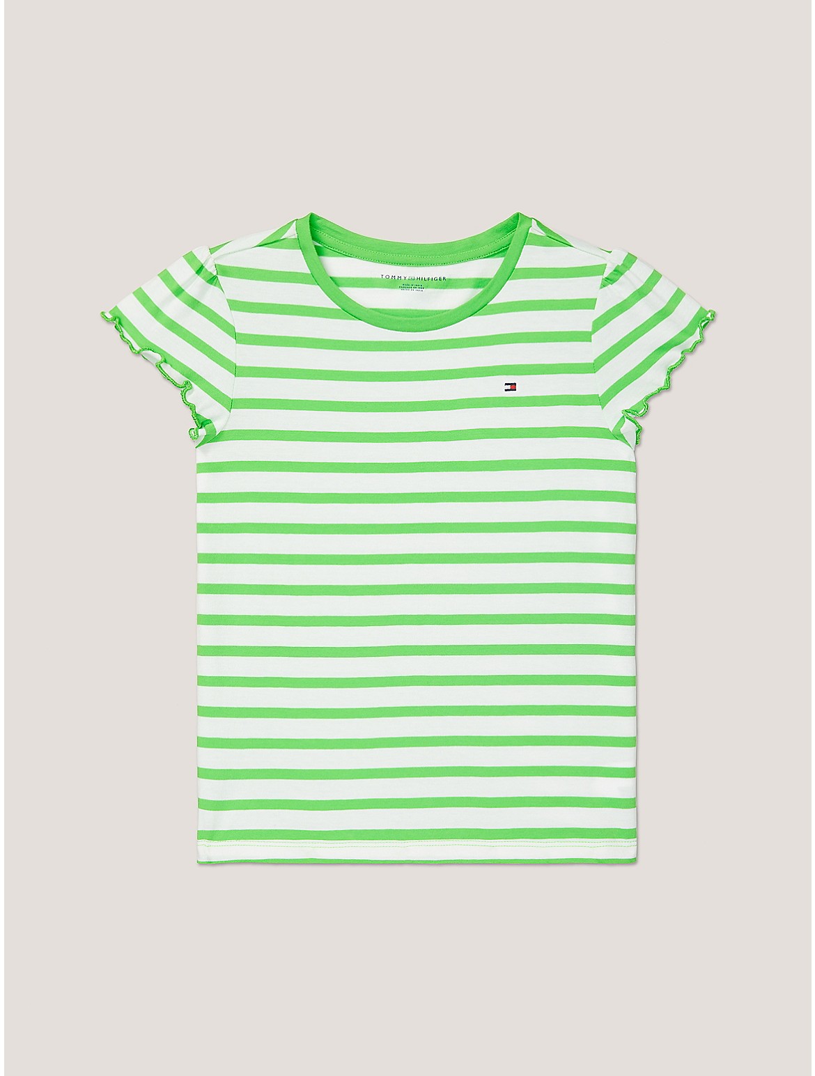 Tommy Hilfiger Girls' Kids' Stripe Ruffle-Sleeve T-Shirt - Green - XXS