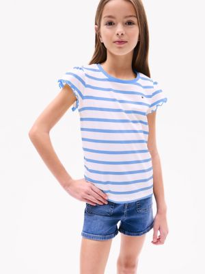 Kids' Stripe Ruffle-Sleeve T-Shirt, Copenhagen Blue