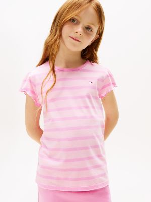 Kids' Stripe Ruffle-Sleeve T-Shirt, Fuchsia Pink