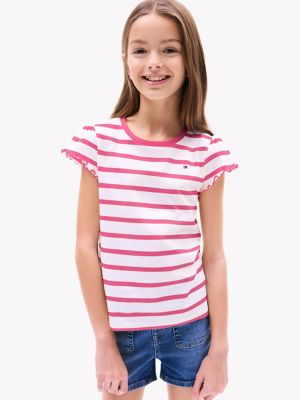 Kids' Stripe Ruffle-Sleeve T-Shirt, Fandango Pink