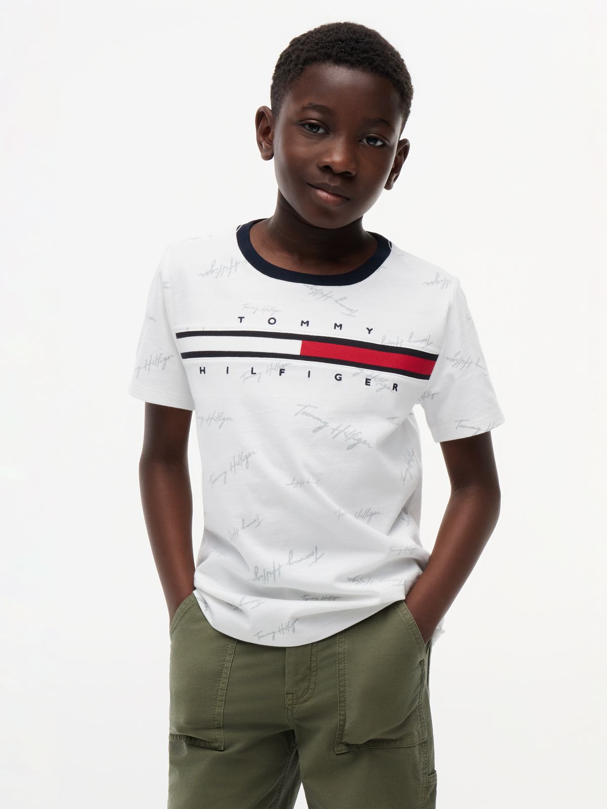Kids' Signature Flag Stripe Logo T-Shirt — Optic White