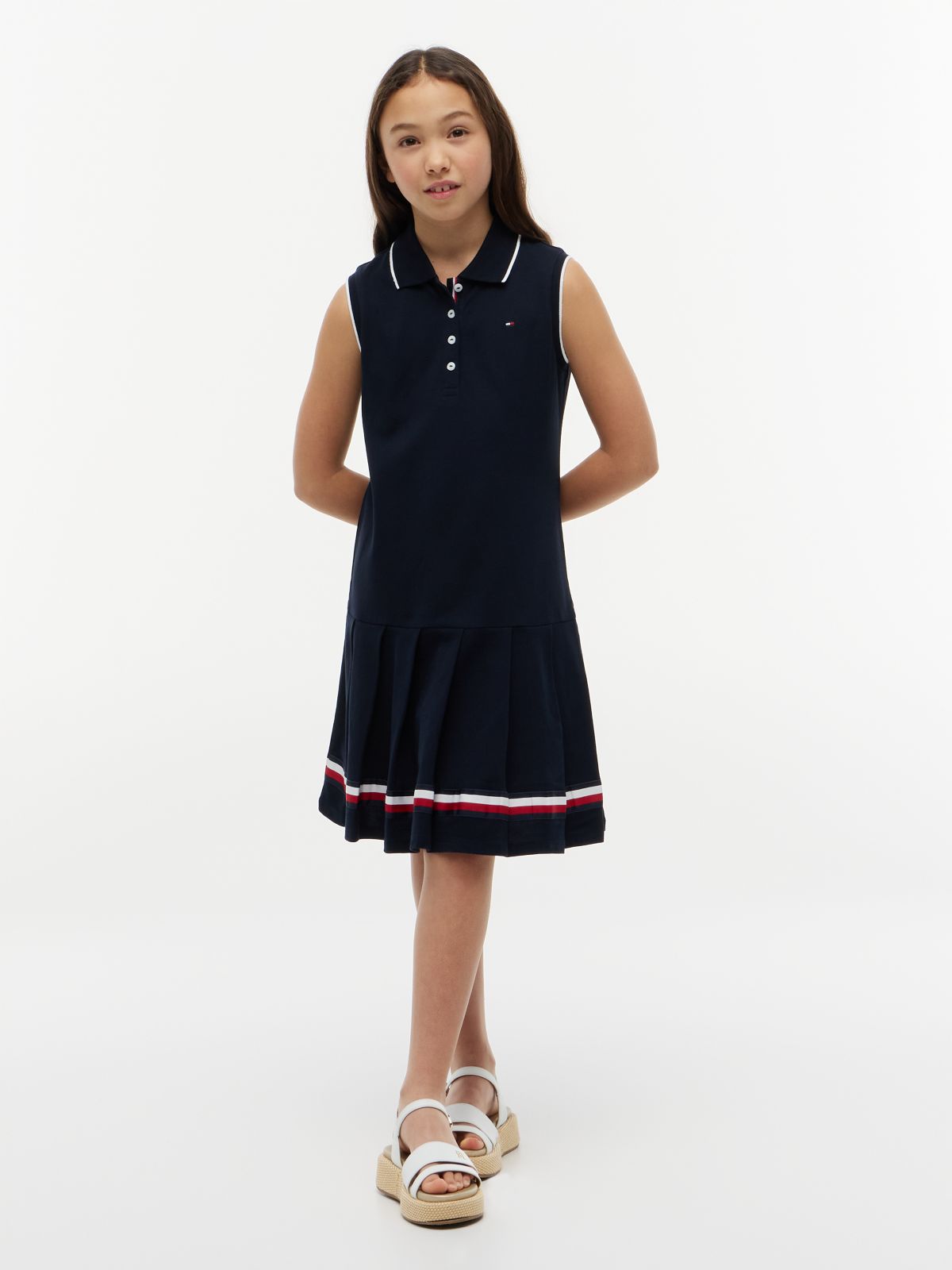 Kids' Sleeveless Pleated Polo Dress — Navy