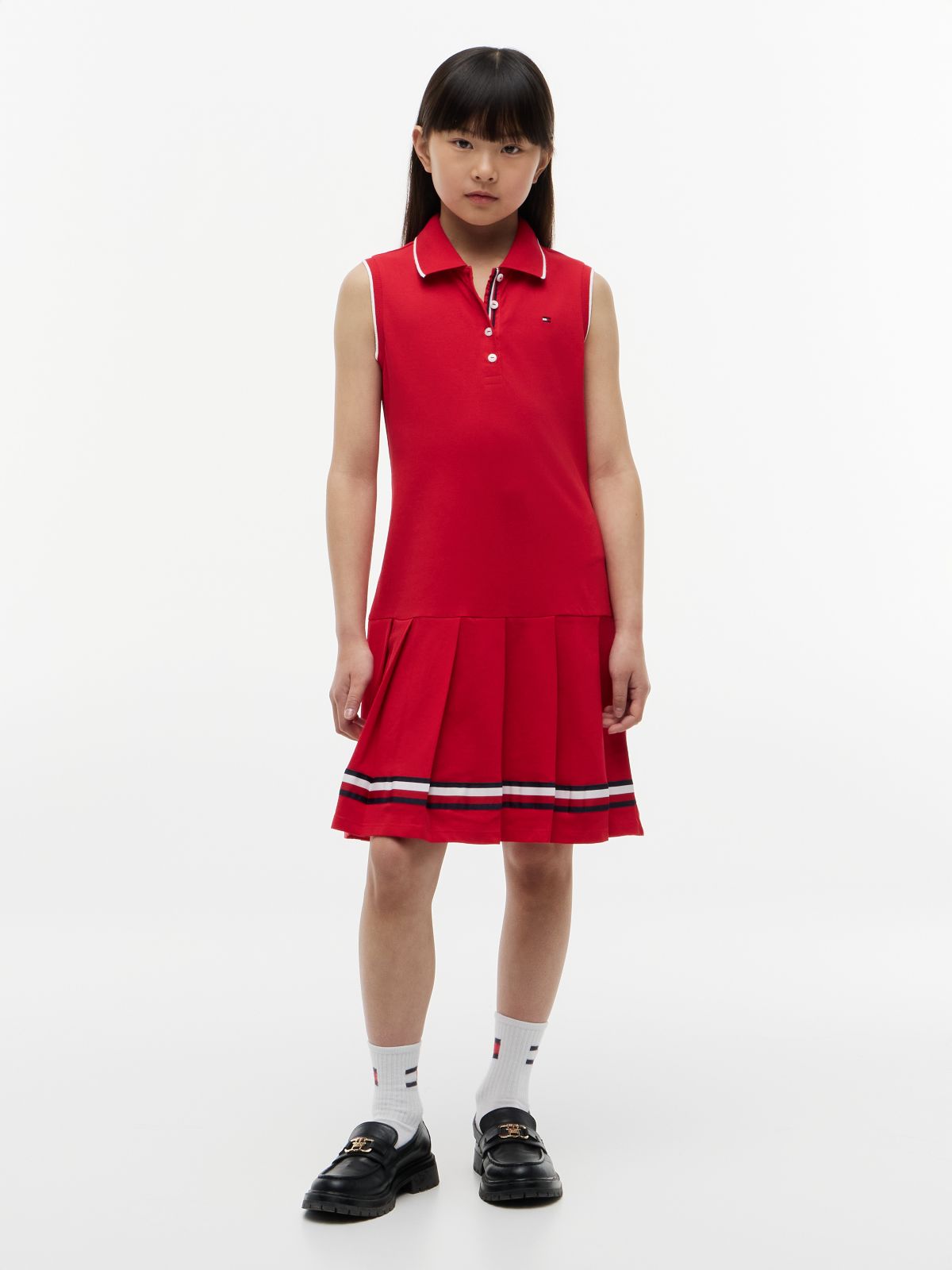 Kids' Sleeveless Pleated Polo Dress — Primary Red