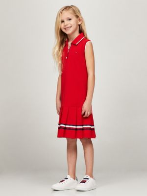 Kids' Sleeveless Pleated Polo Dress, Blush Red