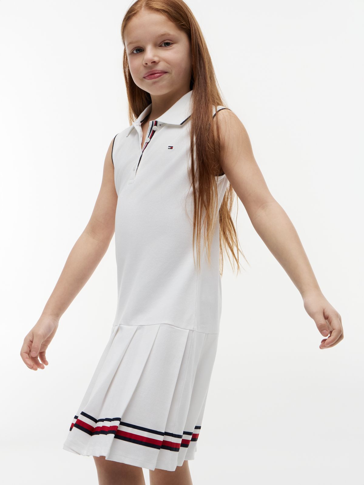 Kids' Sleeveless Pleated Polo Dress — Optic White