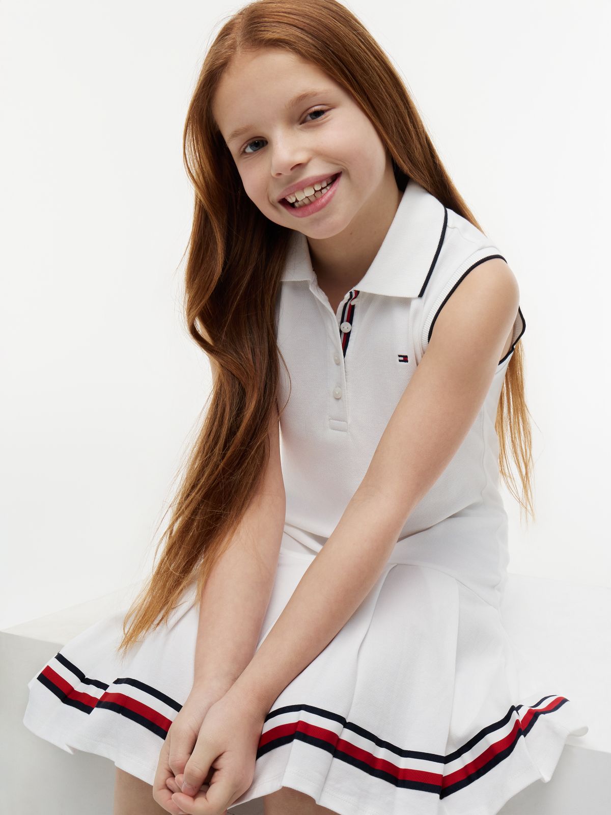 Kids' Sleeveless Pleated Polo Dress — Optic White