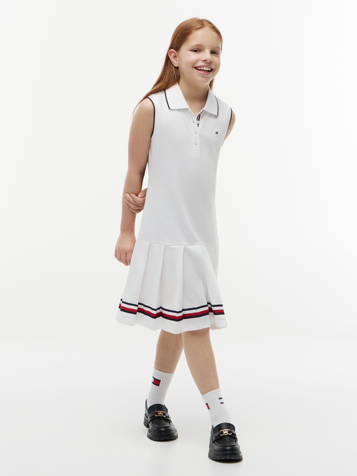 Kids' Sleeveless Pleated Polo Dress — Optic White
