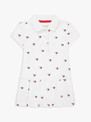 Babies' Heart Logo Pleated Polo Dress, Allover Flag / White