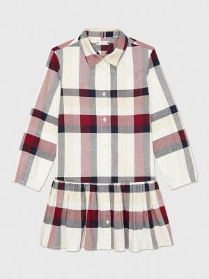 Kids' Check Ruffle Shirtdress, White Suede Multi