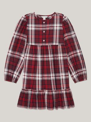 Kids' Tartan Tiered Dress, Deep Rouge Multi