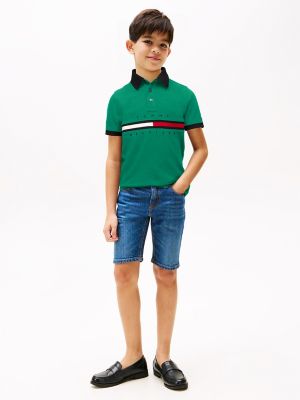 Kids' Flag Stripe Stretch-Cotton Polo, Olympic Green