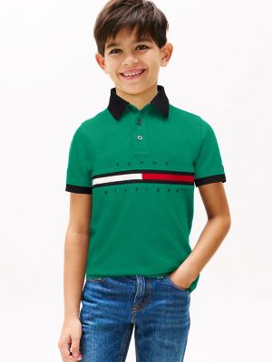 Kids' Flag Stripe Stretch-Cotton Polo, Olympic Green