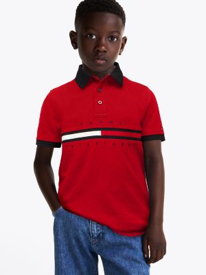 Kids' Flag Stripe Stretch-Cotton Polo, Primary Red
