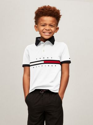 Kids' Flag Stripe Stretch-Cotton Polo, Optic White